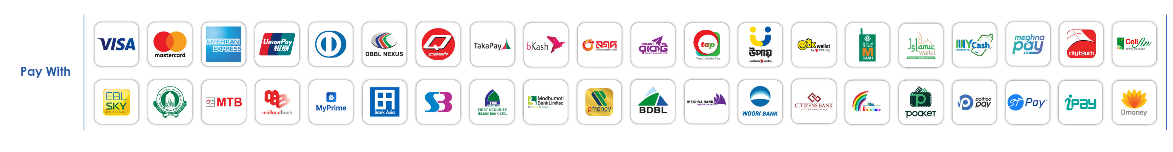 Pay with Visa, Mastercard, bKash, Nagad, Rocket, Upay and 40+ payment methods